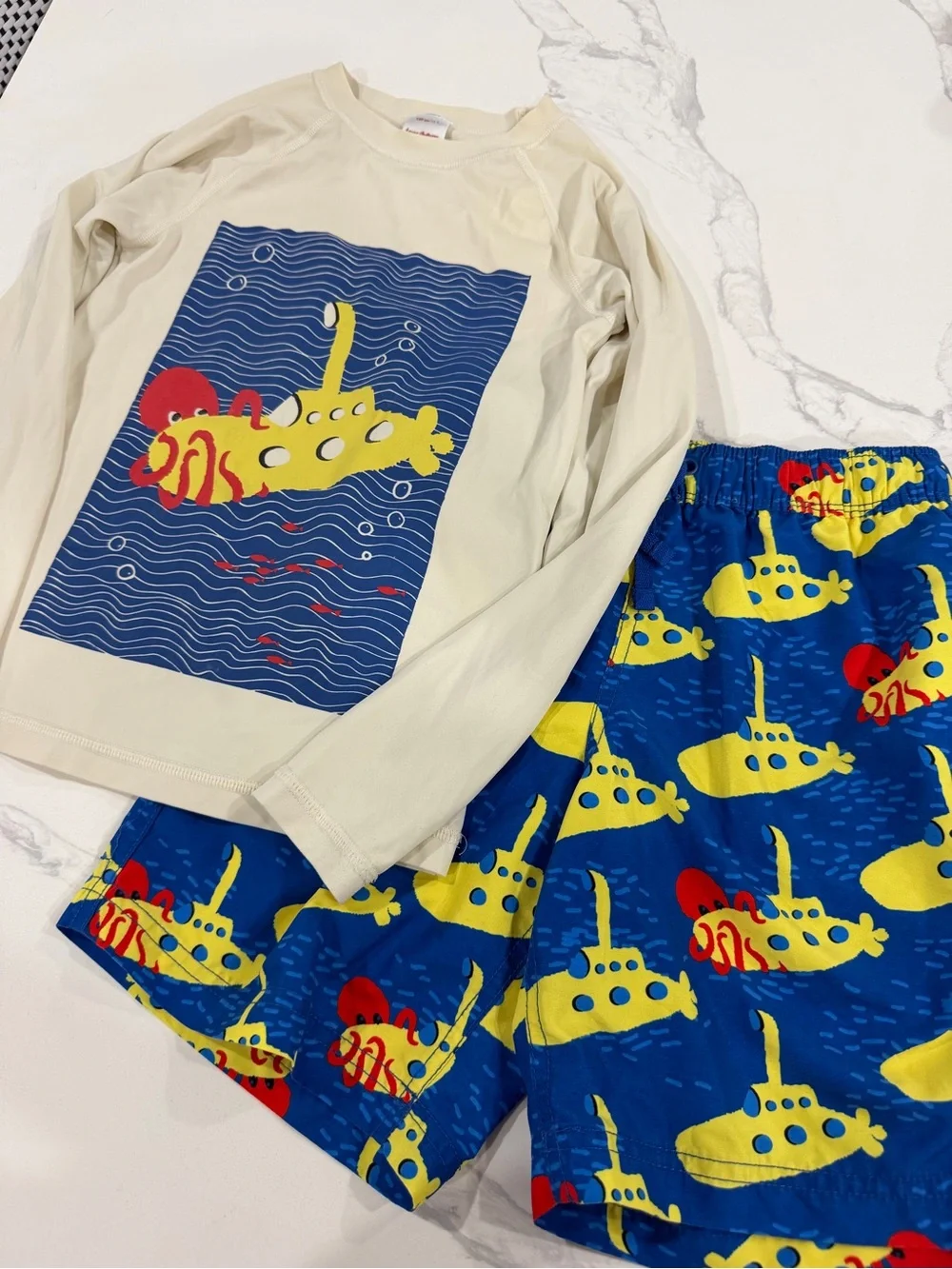 Hanna Andersson Boys Yellow Submarine & Octopus Rash Guard Swim Trunks Set Sz 8